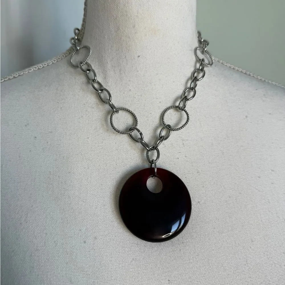 Vintage Silver and Amber Colored Glass Pedant Chic Timeless Necklace